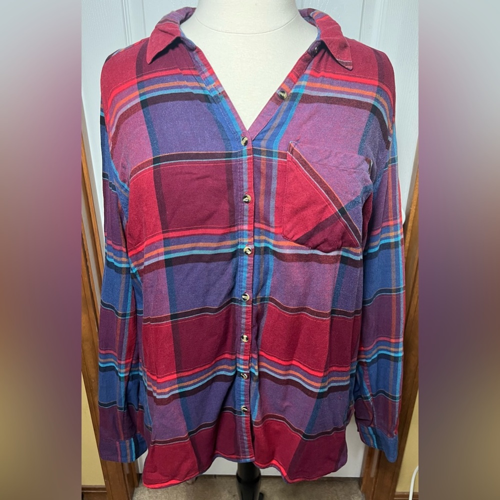 (READ) Maurices Flannel Plaid Top Blouse Lightweight Button Up Burgundy Red 2X